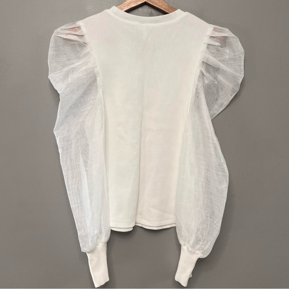 🤍Dolan Anthropologie Stretchy White Sheer Sleeve Blouse 🤍 - Picture 2 of 7